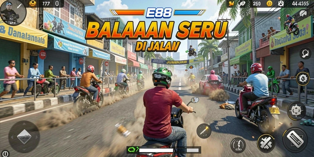 Screenshot gameplay E88 menampilkan mobil yang melaju kencang di lintasan balap.