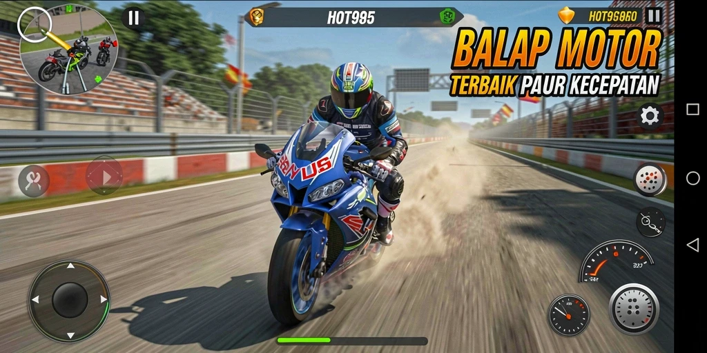 Gameplay HOT985 menampilkan aksi balap motor seru dan menegangkan.