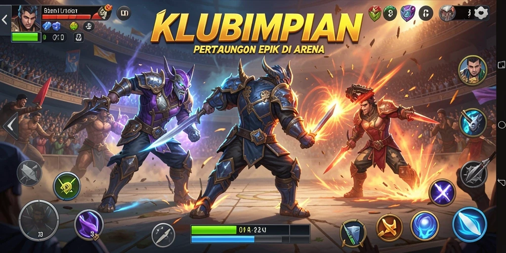 Tampilan utama gameplay KLUBIMPIAN yang menampilkan pertarungan intens.