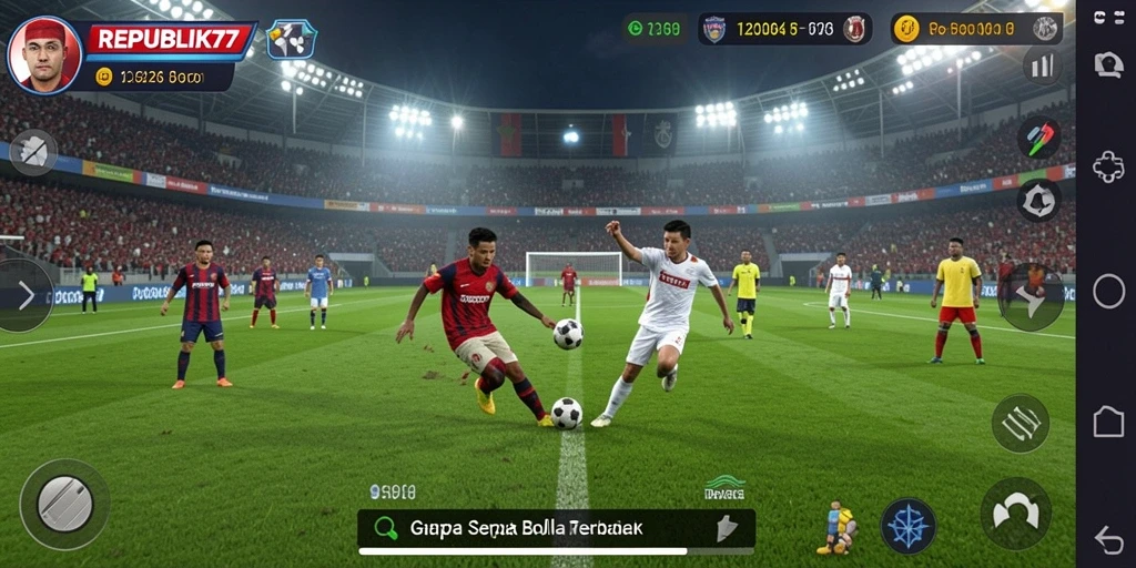 Screenshot utama REPUBLIK77 menampilkan aksi seru di lapangan sepak bola.