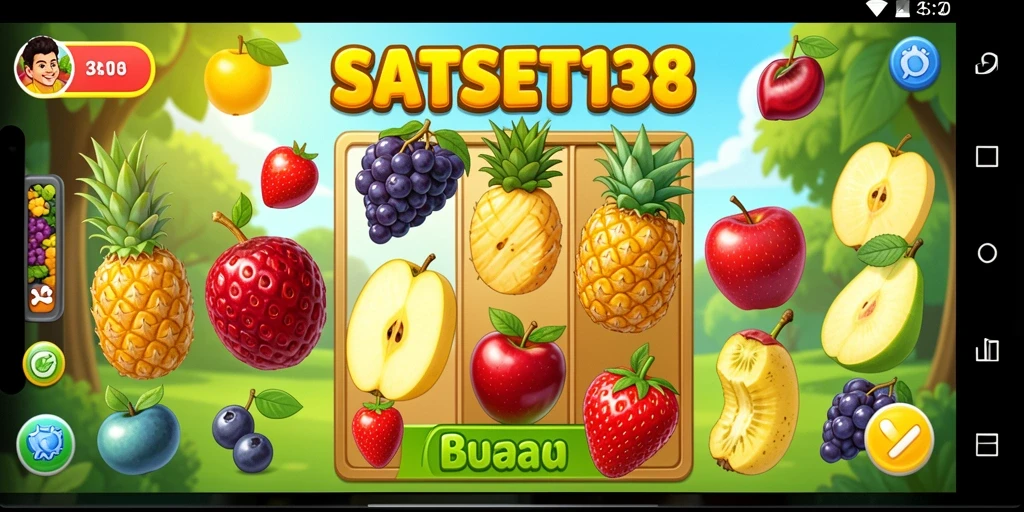 Screenshot utama SATSET138 menampilkan gameplay seru mencocokkan buah-buahan.