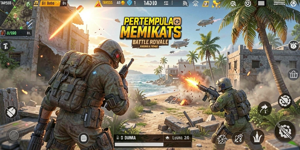 Screenshot TAR555 menunjukkan aksi seru dalam pertempuran Battle Royale.