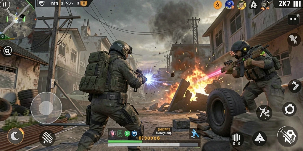 Gameplay ZK7 dengan aksi pertempuran penuh intensitas.